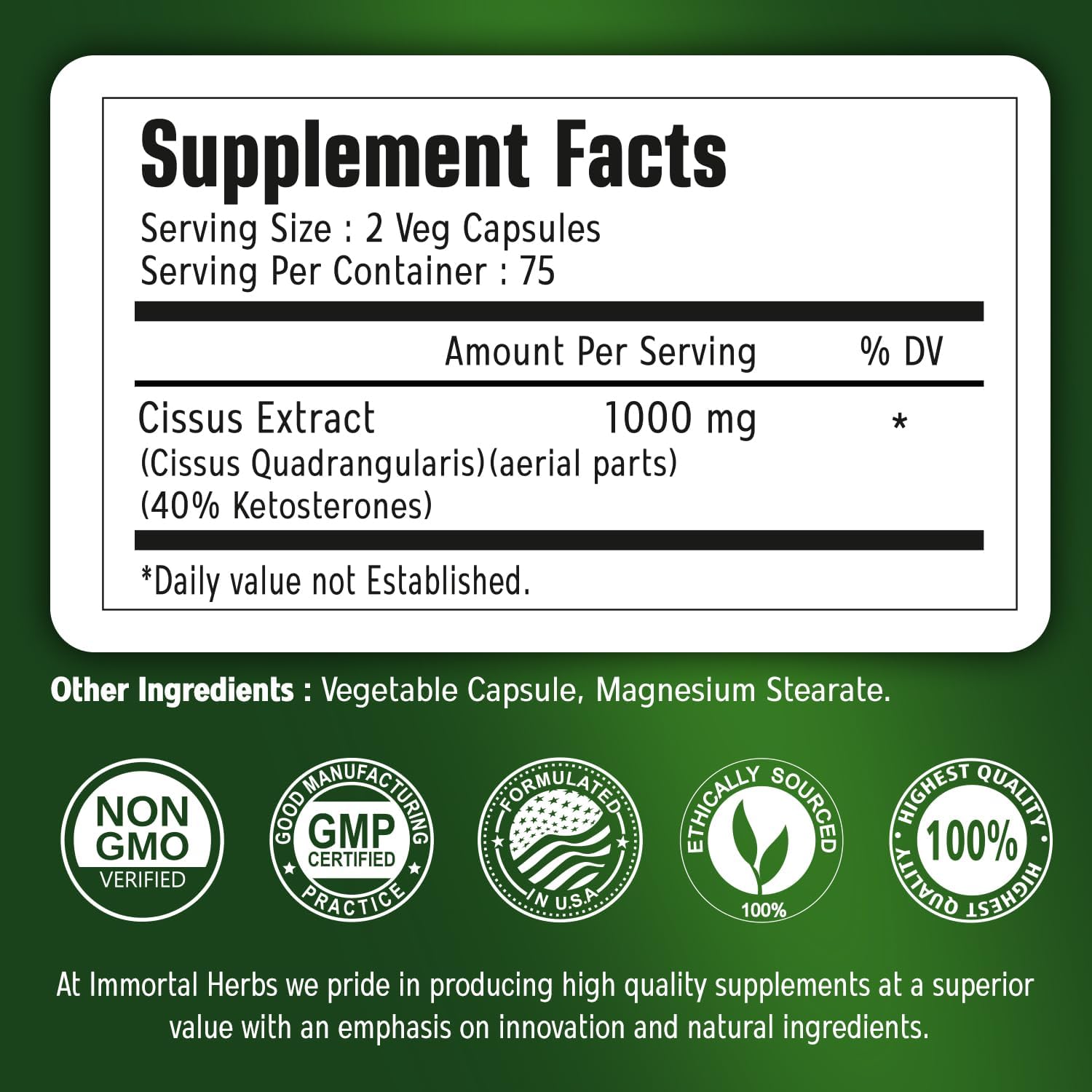 Cissus Quadrangularis Supplement 1000mg, 150 Pills, Pure Extract Powder with 40% Ketosterones, Non-GMO and Gluten-Free Cissus Extract Capsules for Men and Women