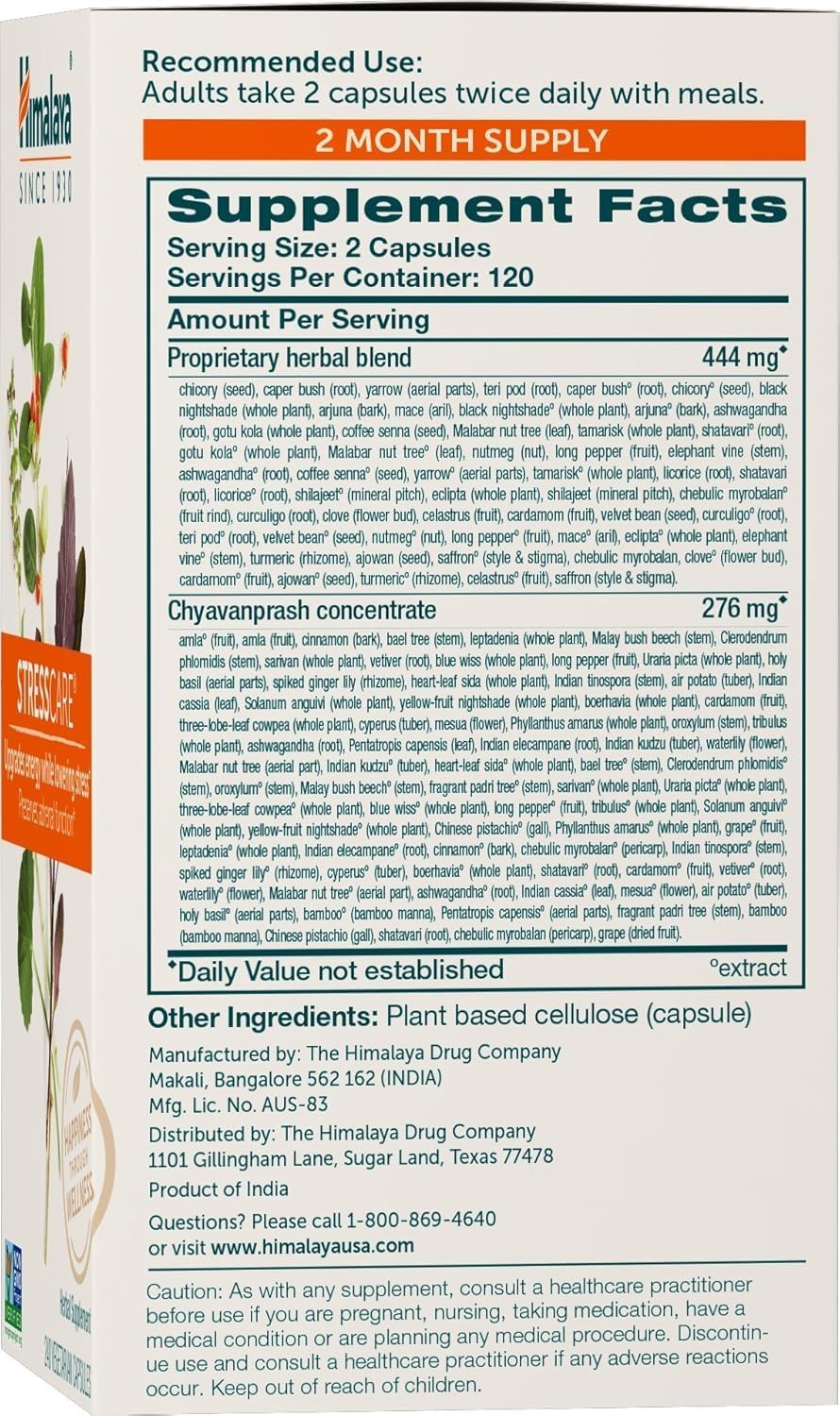 Himalaya StressCare, 60 Day Supply - Herbal Adrenal Support for Calming Relaxation, Stress Relief, Energy Support and Occasional Sleeplessness - Vegan, Non-GMO, Gluten Free, 240 Capsules