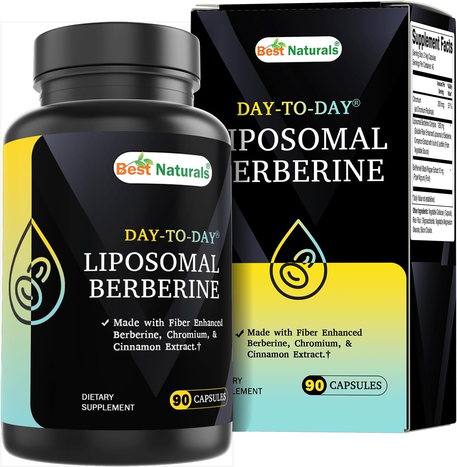 Best Naturals Day to Day Liposomal Berberine 1200 mg with Bioperine 90 Veg Capsules - Made with Fiber Enhanced Chromium, & Cinnamon Extract & Bioperine.