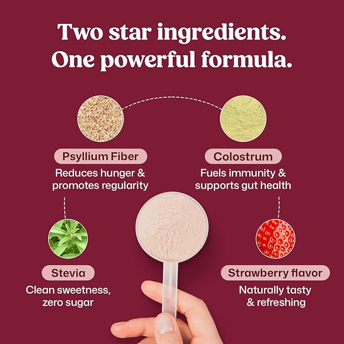 ColonBroom Colostrum + Fiber Supplement (Strawberry Flavor, 30 Servings) | Bovine Colostrum Powder & Psyllium Husk Powder | for Gut Health & Immunity | Gluten-Free, Non-GMO, Sugar-Free