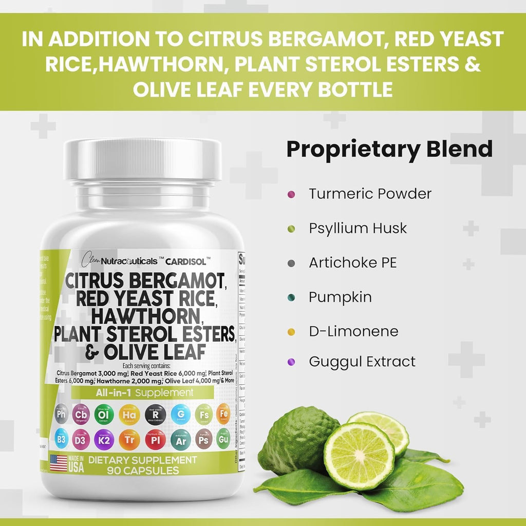 Clean Nutraceuticals Citrus Bergamot Red Yeast Rice Capsules with Plant Sterols - with Hawthorn Extract Olive Leaf Niacin Vitamin K3 D3 COQ10 Guggul & More