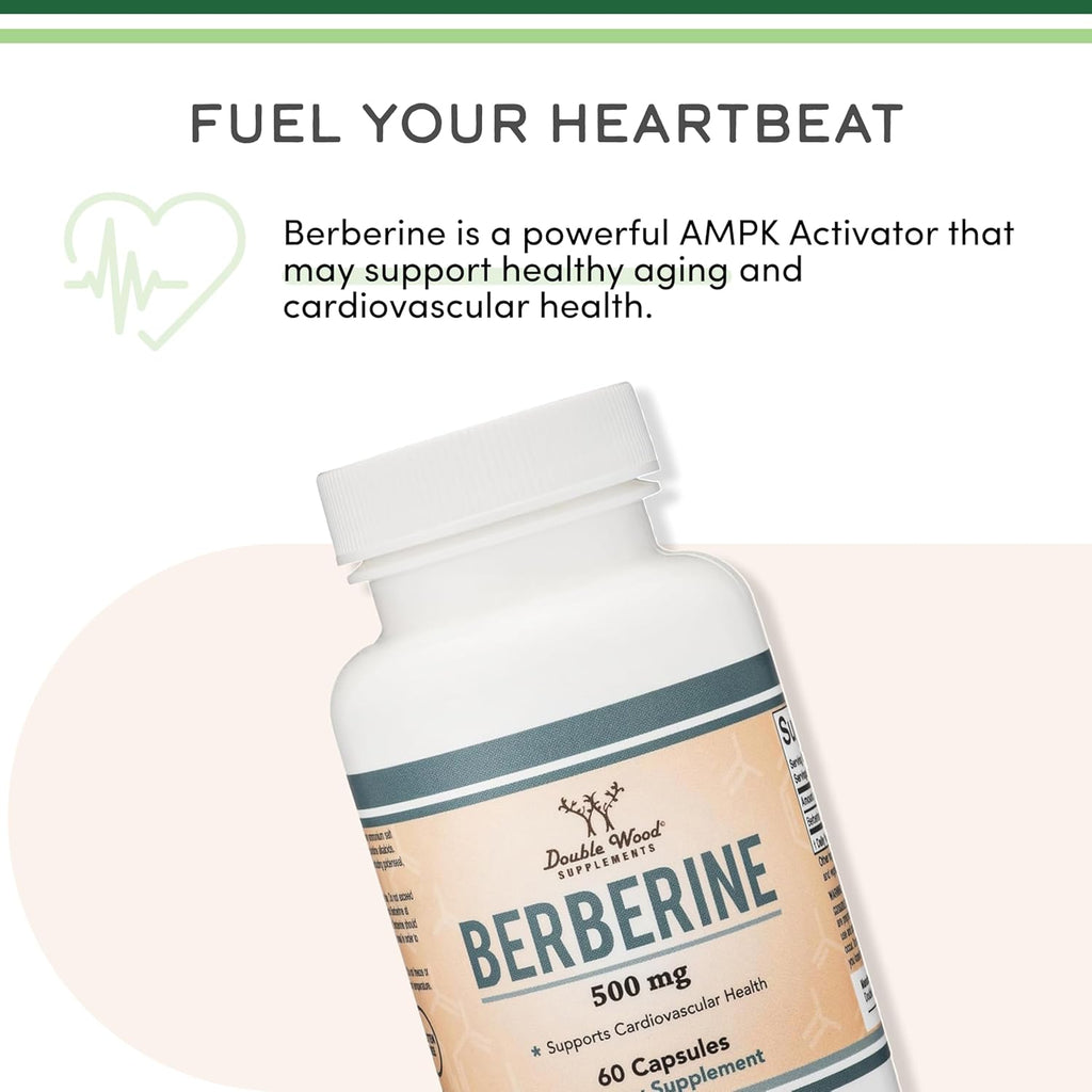 Berberine Supplement 500mg, 60 Capsules (Third Party Tested, Non-GMO, Gluten Free, Vegan Safe) AMPK Activator - Berberine HCL for Cardiovascular Health by Double Wood