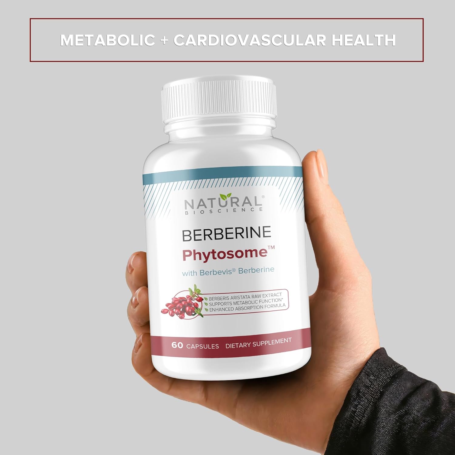 Berberine Phytosome with Berbevis, 550mg Enhanced Absorption Supplement for Metabolic Support & Heart Health, Highly Bioavailable Berberine Complex, Gluten-Free, Non-GMO, 90 Vegetarian Capsules