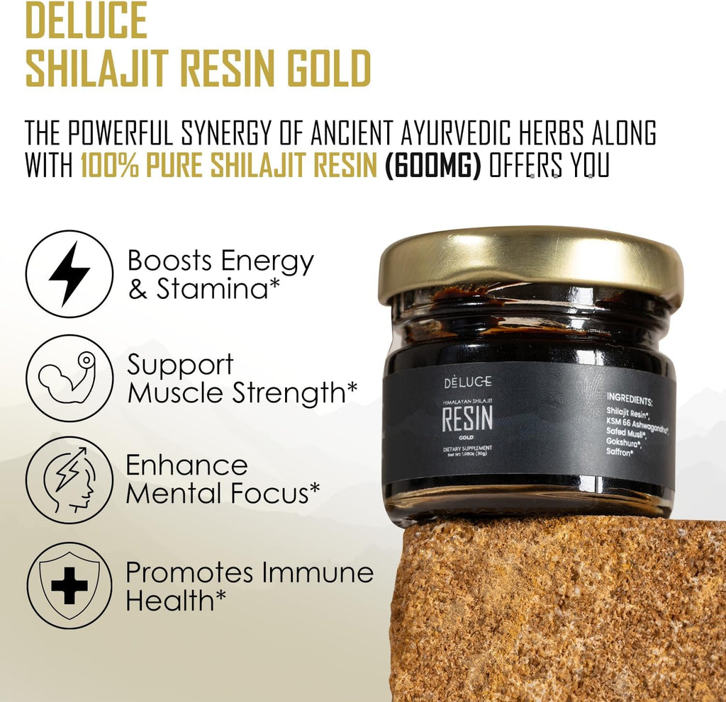 Pure Himalayan Shilajit Resin Gold (30g) | 600mg Premium Shilajit with KSM-66 Ashwagandha, Safed Musli, Gokshura | Boost Strength, Stamina & Immunity | Lab-Tested, Vegan, Gold Grade for Men & Women