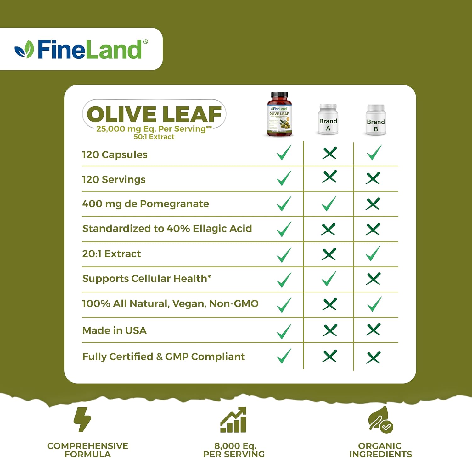 FineLand Olive Leaf Extract 50x – 25,000mg Eq. per Serving | 160 Vegan Caps, Olive Extract with 20% Oleuropein | Herbal Antioxidant Supplement for Circulatory and Immune Support, Made in USA