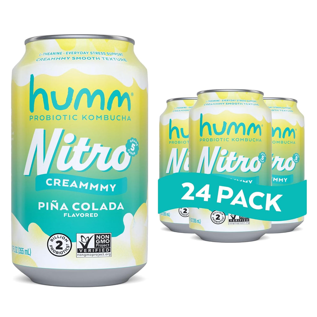 Humm Nitro Kombucha Piña Colada, Creamy Smooth Probiotic Drink with L-Theanine, Non-GMO, Vegan, Gluten Free, 12 fl oz (Pack of 24)