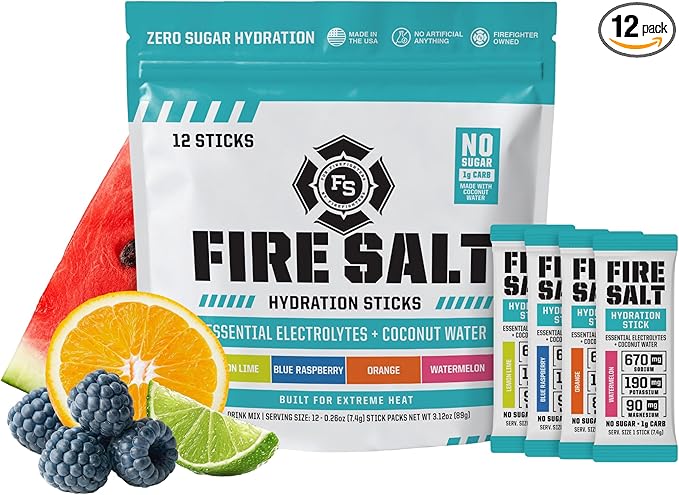 Fire Science Fire Salt Hydration Sticks, Electrolytes & Coconut Water, Hydration Drink Mix with Magnesium, Potassium & Sodium, Zero Sugar, Single Serve On The Go Packs, Variety Pack Flavors, 12 Count