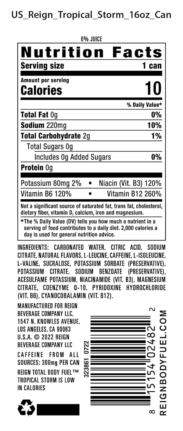 REIGN Total Body Fuel, Tropical Storm, Fitness & Performance Drink, 16 Fl Oz (Pack of 12)
