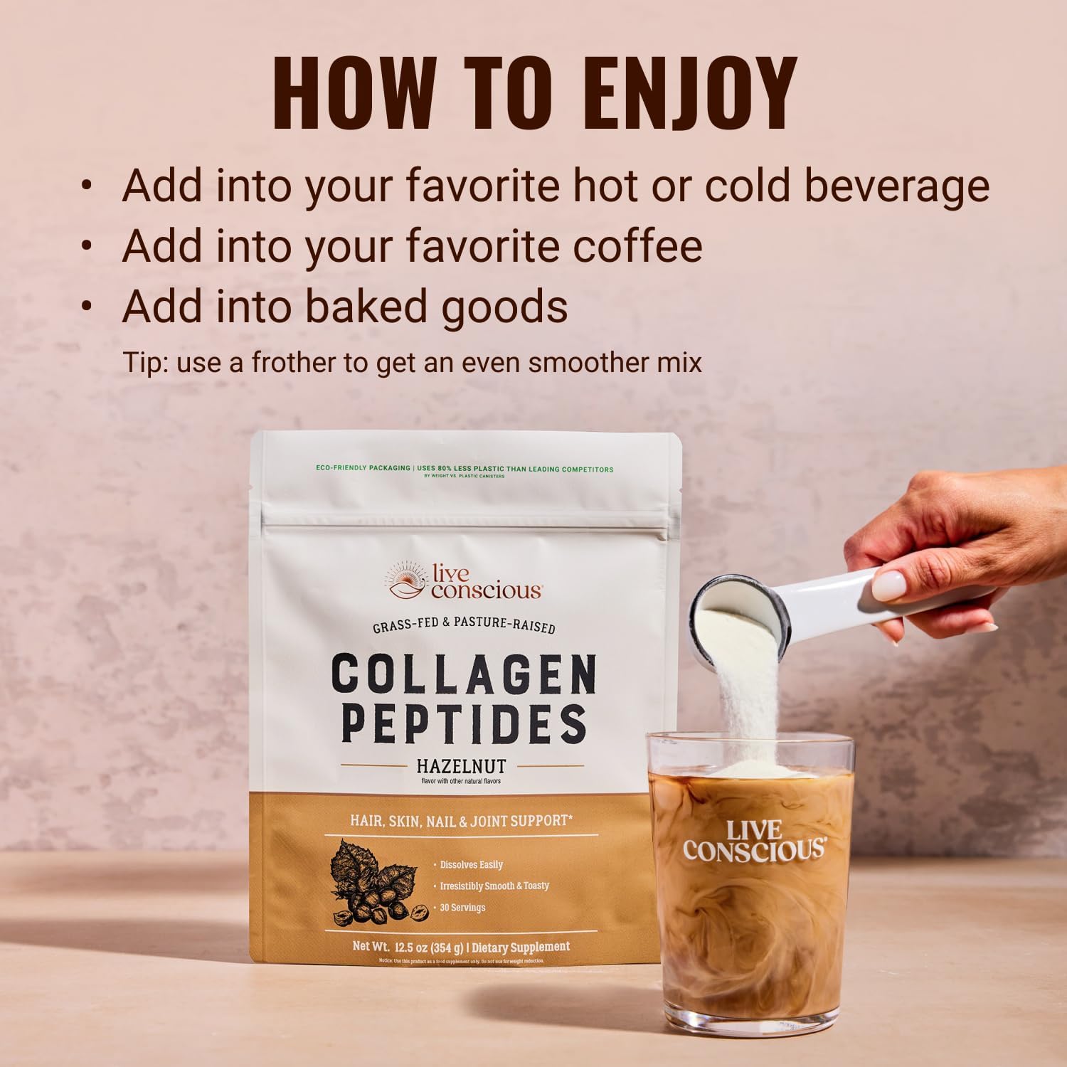 Live Conscious Collagen Peptides Powder - Hazelnut Flavored Collagen Powder - Hair, Skin, Nail, & Joint Support - Type I & III Grass-Fed Collagen Supplements for Women and Men - 30 Serving - 12.4oz
