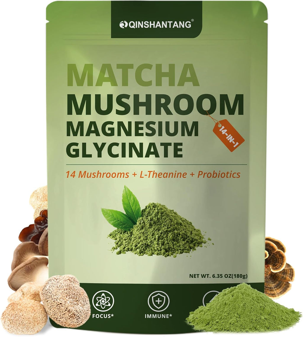 Mushroom Matcha, Green Tea Matcha Powder, 22 Servings,14 Mushroom Supplement, Magnesium Glycinate, L-Theanine, Probiotics | Focus & Immunity Support | Vegan, Gluten-Free, 6.35 Oz