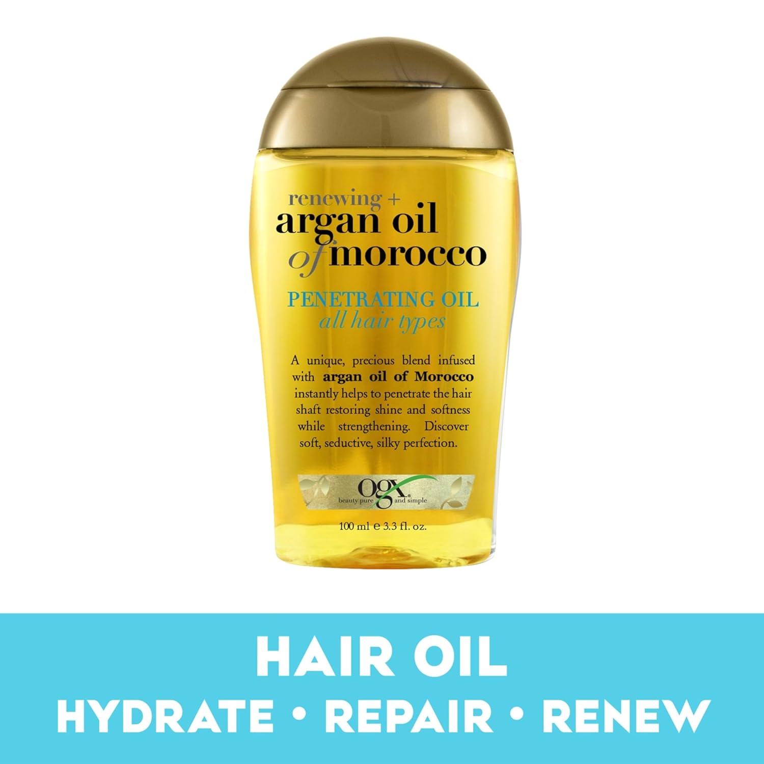 OGX Renewing + Argan Oil of Morocco, Cold-Pressed Argan Oil for Hair Penetrating Treatment & Shine, Moisturizing & Strengthening Silky Oil for All Hair Types, Paraben & Sulfate Free, 3.3 fl oz