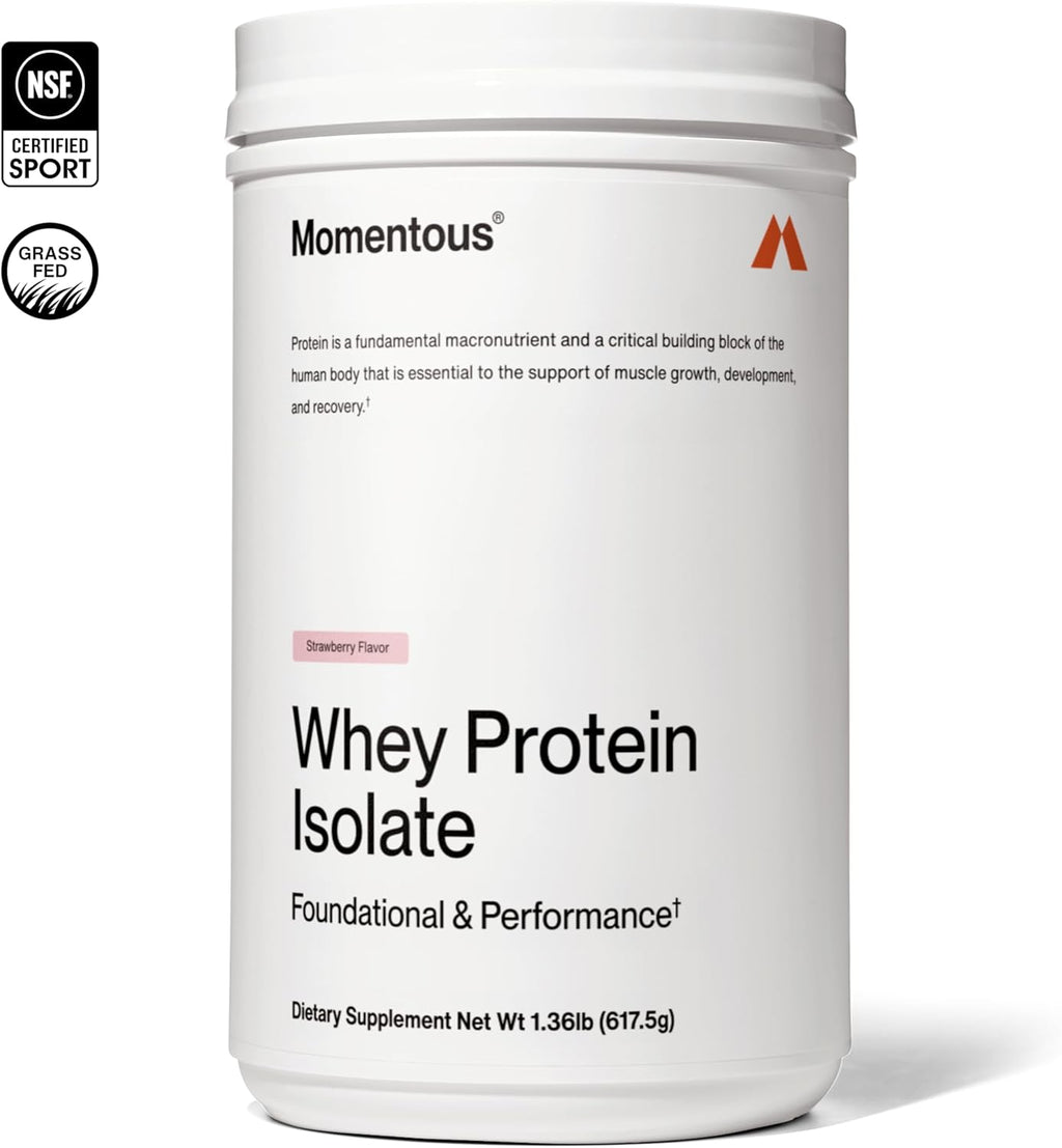 Momentous Essential Grass-Fed Whey Protein Powder - 20 g Whey Isolate Protein - NSF Certified for Sport - Gluten-Free - 25 Servings for Essential Everyday Use - Strawberry - Package May Vary