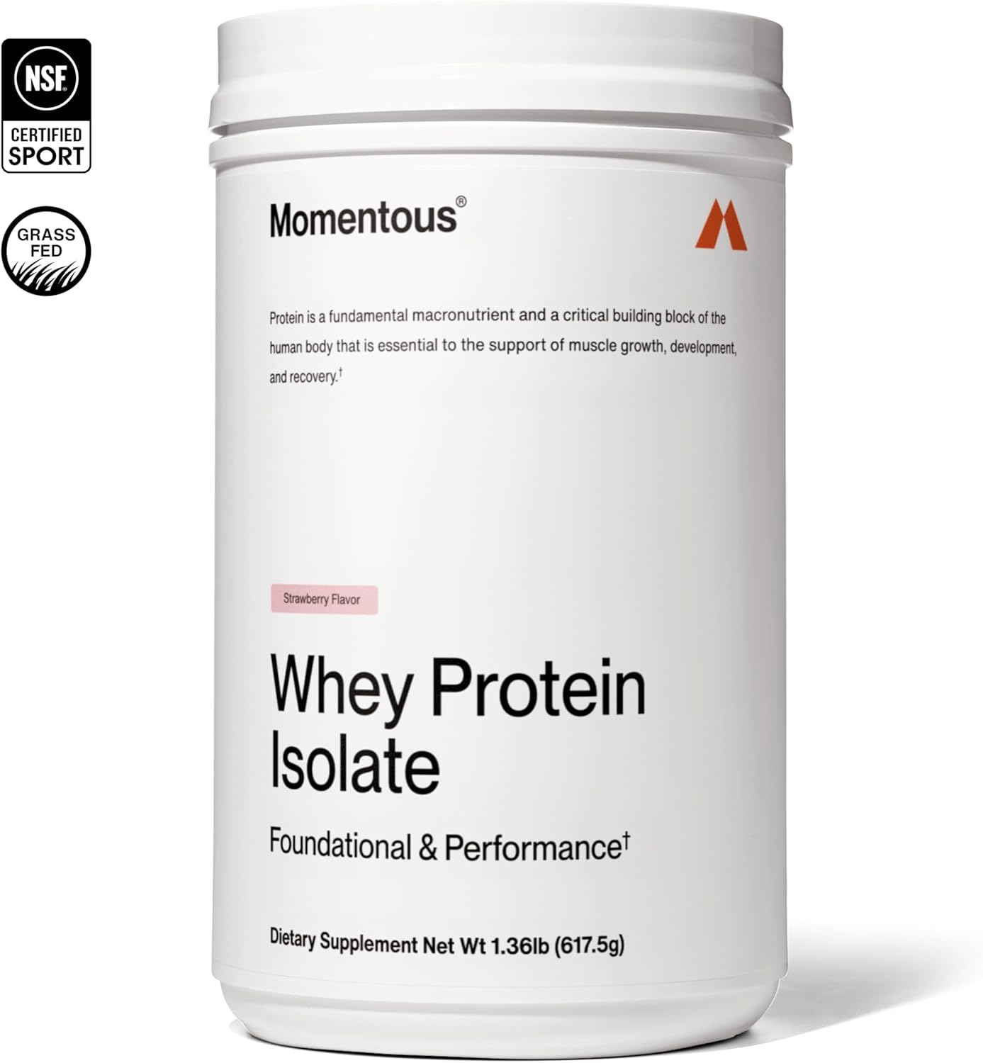 Momentous Essential Grass-Fed Whey Protein Powder - 20 g Whey Isolate Protein - NSF Certified for Sport - Gluten-Free - 25 Servings for Essential Everyday Use - Strawberry - Package May Vary