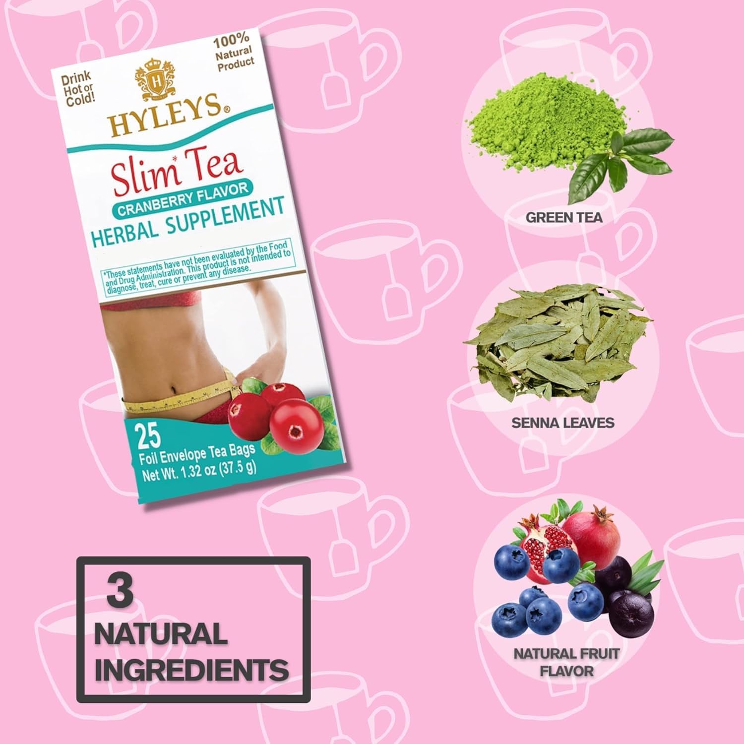 Hyleys Slim Tea Cranberry Flavor - Weight Loss Herbal Supplement Cleanse and Detox - 25 Tea Bags (12 Pack)