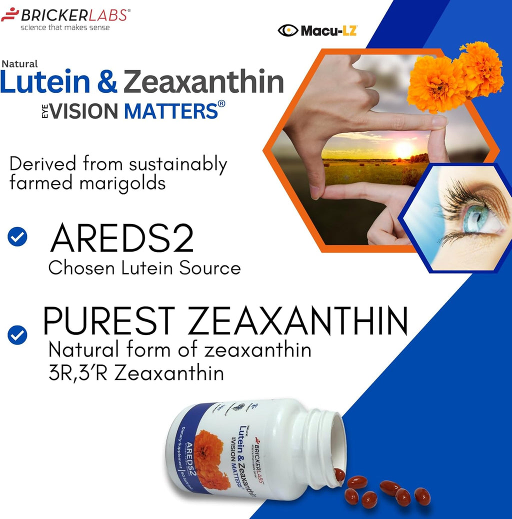 Natural Lutein + Zeaxanthin Eye Supplement – Supports Eye, Brain, and Skin Health with Macular Carotenoids, Superior Bioavailability, AREDS2 Chosen Lutein Source – 60 Soft Gels