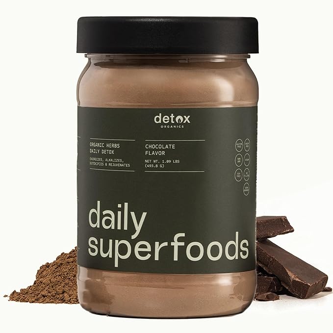 Greens Superfood Powder - Chocolate Flavor to Cleanse & Detox - Smoothie Mix Supplement with Organic Digestive Enzymes, Immune Support, Bloating Relief, Vegan, Low-Carb 30 Servings - by Detox Organics