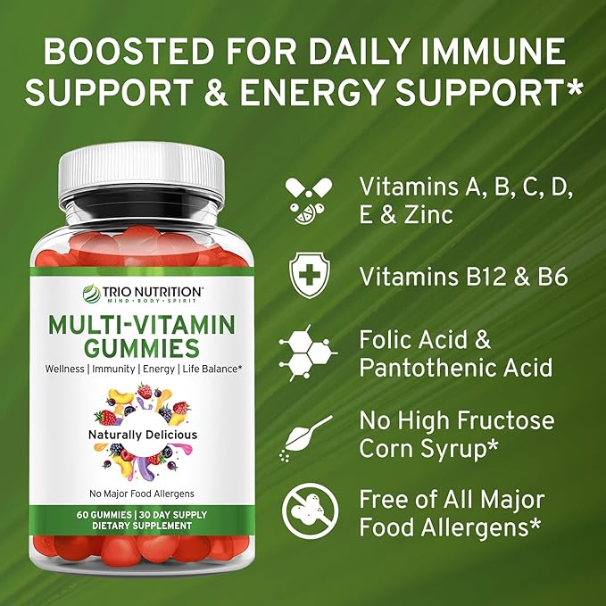 TRIO NUTRITION Daily Multivitamin Gummies for Men & Women - Natural Fruit Flavor with Essential Vitamins A, B, C, D, E & Zinc - No Major Allergens Immune Support & Energy Boost Supplement