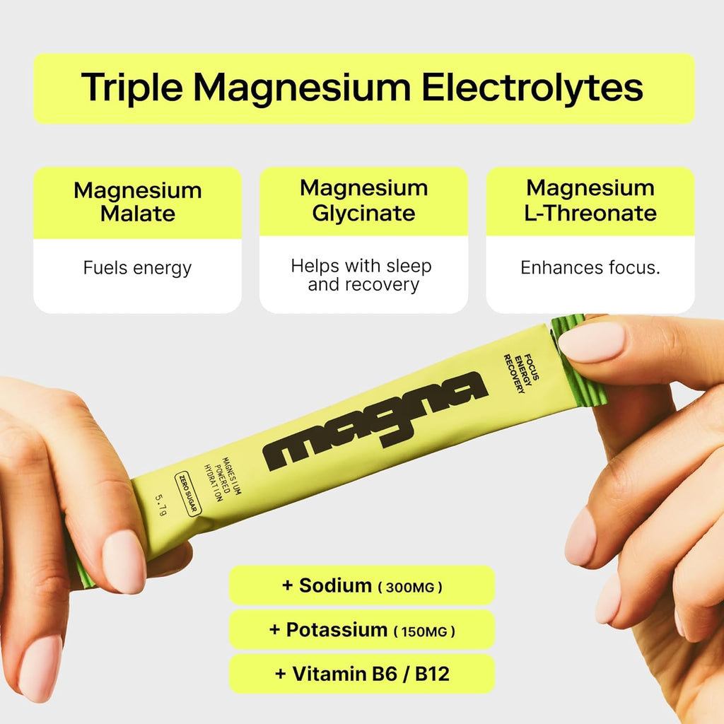 MAGNA Electrolyte Powder Drink Mix for Hydration, Energy & Focus Support with Magnesium L Threonate, Sodium, Potassium, Vitamin D, B6 & B12, Sugar Free, Tea Lemonade Flavor, 28 Servings