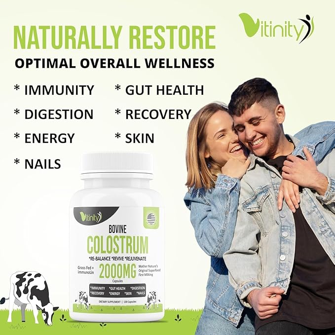 VITINITY Grass Fed Bovine Colostrum Capsules for Humans - Natural IgG Colostrum Supplement for Gut Health, Immune Support, Muscle Recovery & Wellness | Pure Colostrum Superfood, Unflavored (120 Count)