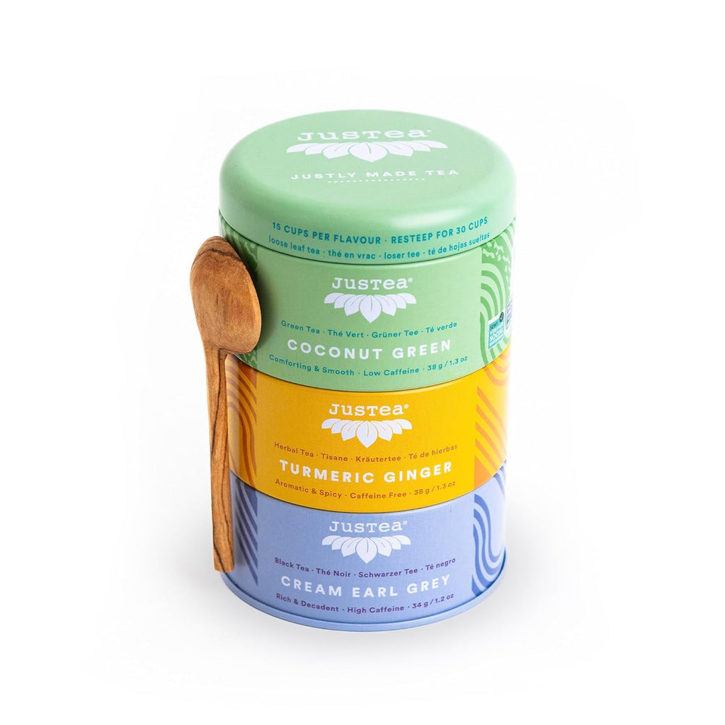JusTea Assorted Tea Trio | Stacking Tins Variety Pack with Hand Carved Spoon | Loose Leaf Tea | Variable Caffeine | Award-Winning | Fair Trade | Non-GMO