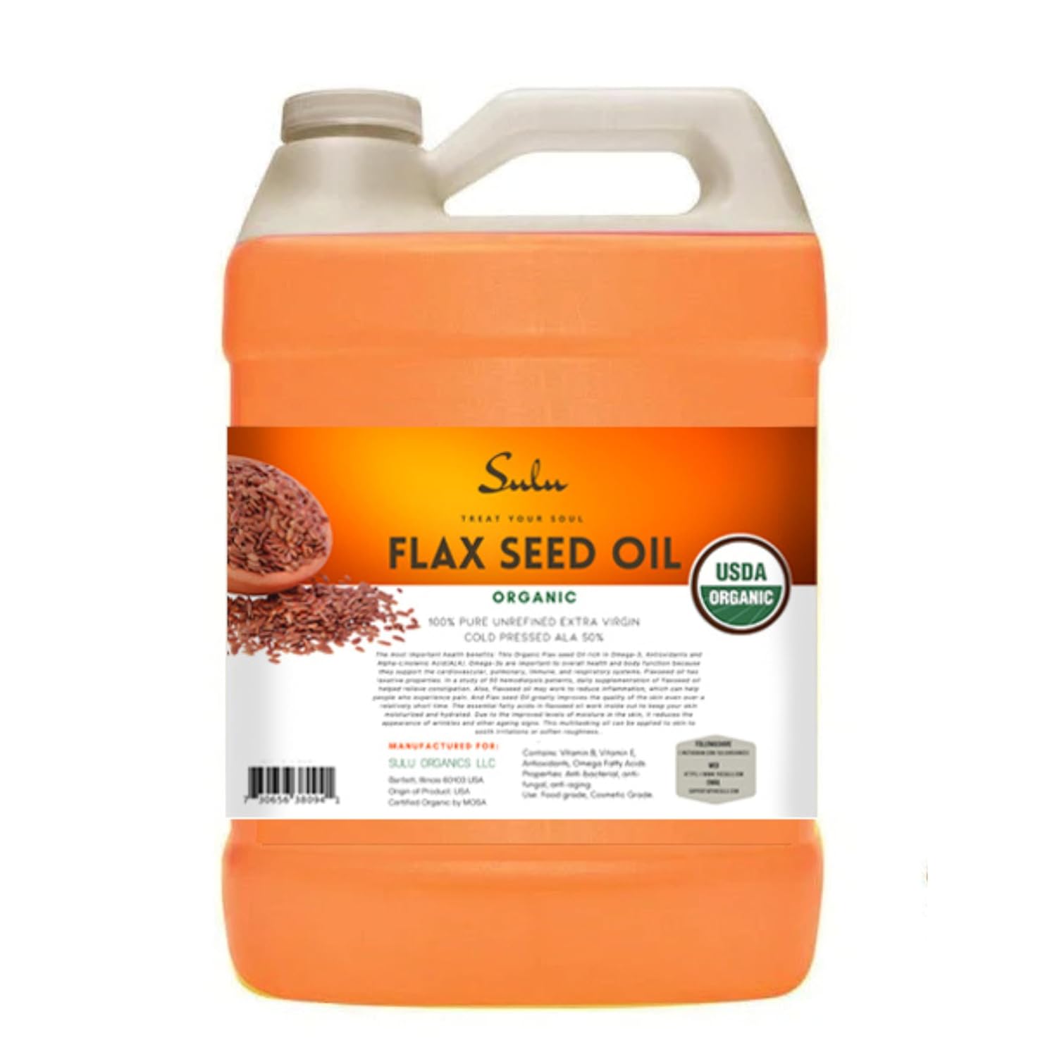 SULU ORGANICS 100% Pure Organic Extra Virgin Unrefined Flax Seed Oil 1 Gallon (128 FL.OZ)