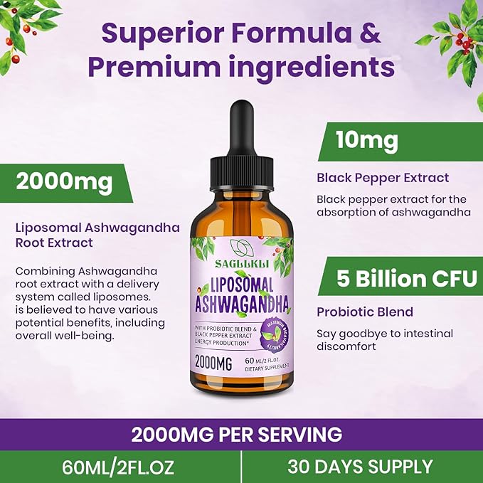 Liposomal Ashwagandha Liquid Drops 2000mg, Ashwagandha Root Extract Supplement (7% Withanolides) with Black Pepper Extract & Probiotics for Focus, Cognition & Energy - 4 FL.OZ (2 Bottle)