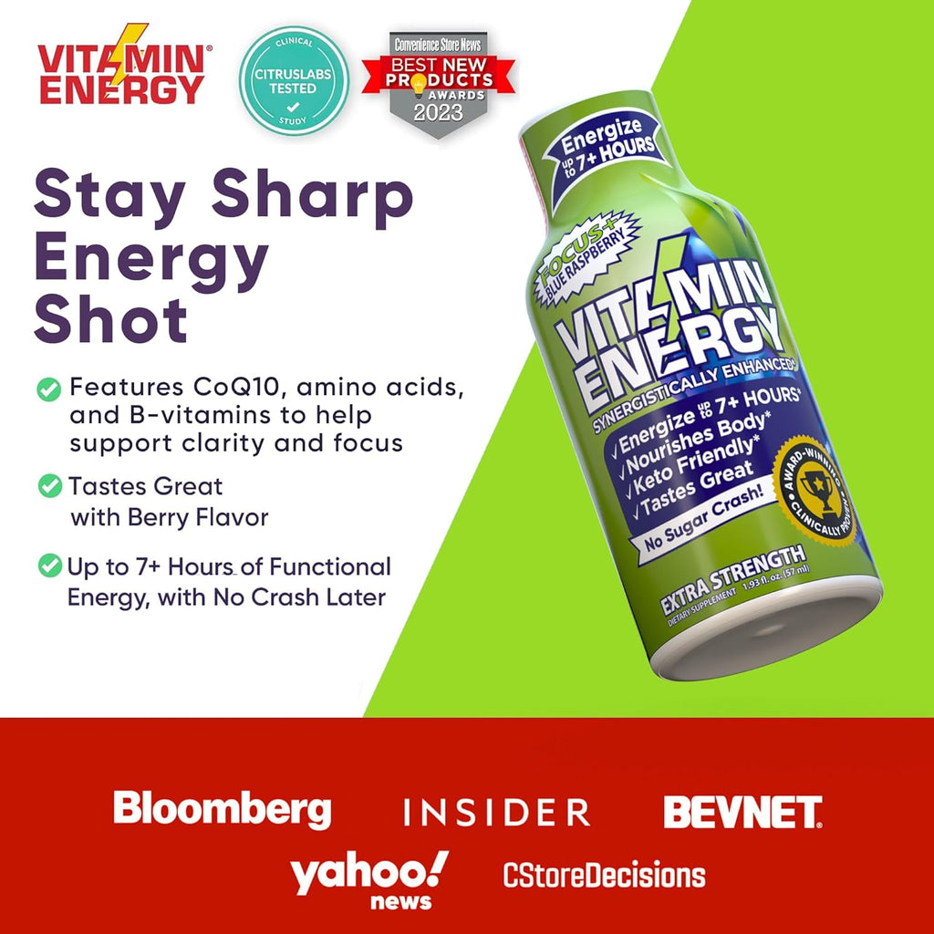 Vitamin Energy Focus+ Extra Strength Energy Shot Blue Raspberry 48 Pack, 260mg Natural Caffeine, B-Vitamins, CoQ10, Amino Acids, Focus, Productivity & Clarity, Zero Sugar, Gluten-Free, 1.93 fl oz