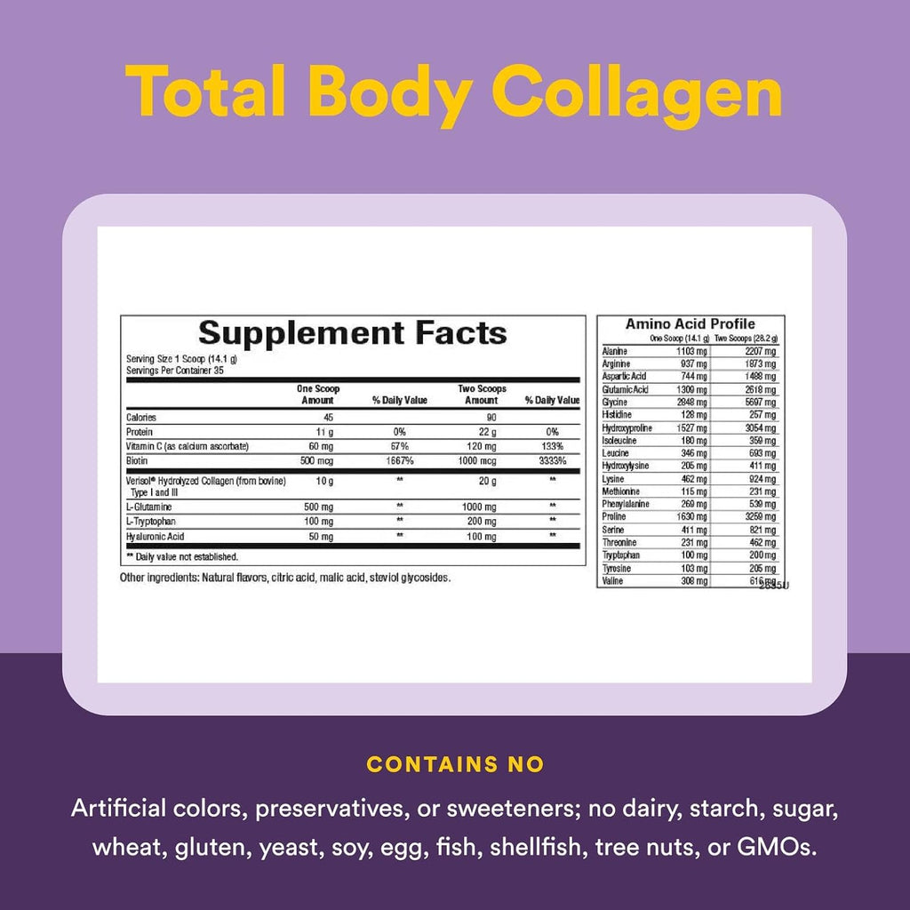 Natural Factors Total Body Collagen - Bioactive Collagen Supplement for Hair & Nail Growth Support - Healthy Skin Supplement with Protein, Vitamin C & More - Pomegranate, 500 g (38 Servings)
