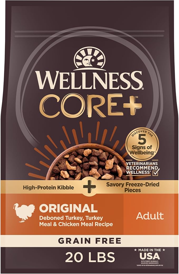 Wellness CORE+ Dry Dog Food with Freeze Dried Pieces, Grain Free, High Protein, Natural, Original Turkey & Chicken Recipe, (20-Pound Bag)