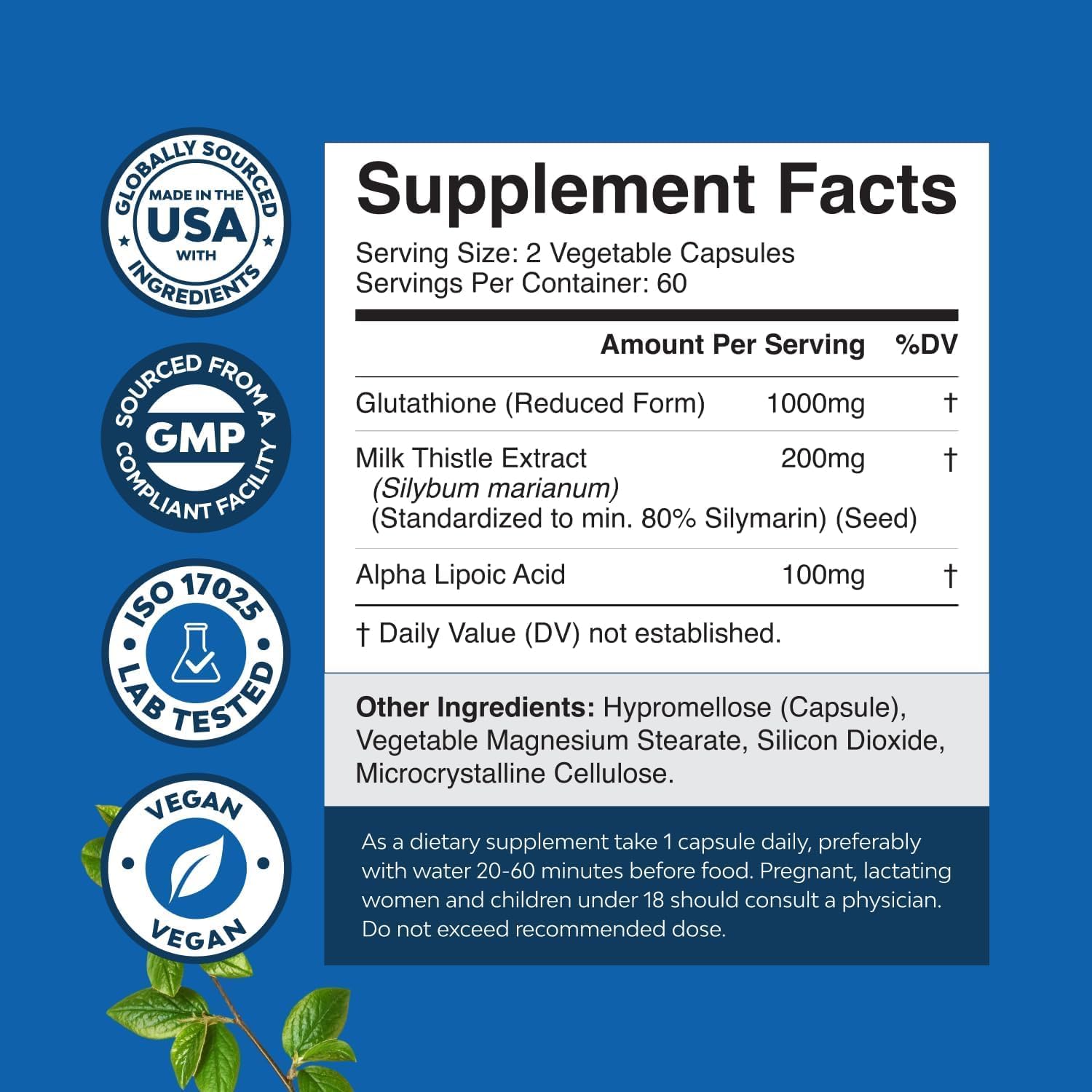 Reduced Glutathione Supplement with Milk Thistle - 1000mg per Serving Pure L Glutathione with Alpha Lipoic Acid & Milk Thistle Silymarin for Skin Radiance, Liver Support & Immune Support - 120 Count