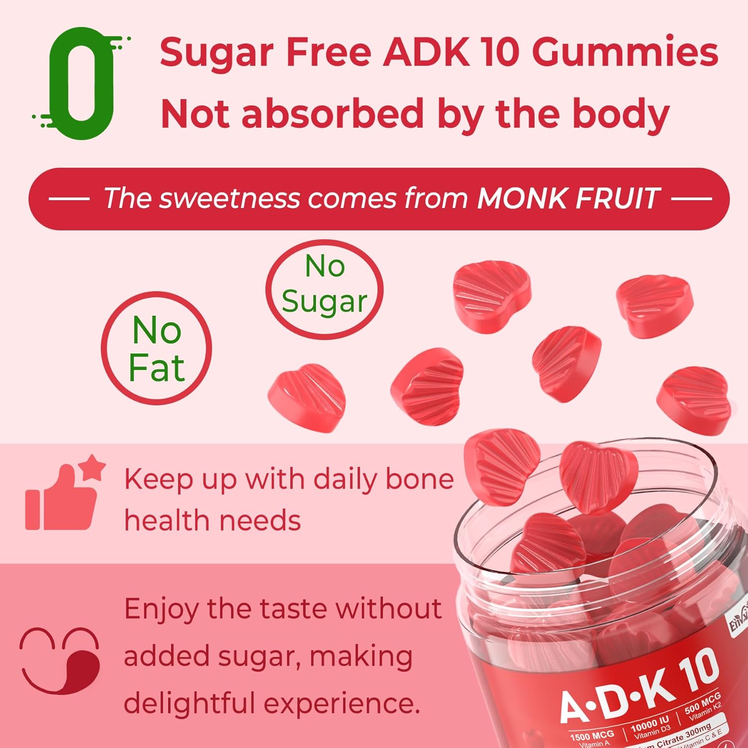 ADK Supplement - Vitamin D3 10000 IU + K2 (MK7) 500mcg + A 5000IU Gummies w/ Calcium Magnesium for Women & Men, K2 D3 Vitamin Supplement for Stronger Bone, Muscle, Vision, Immune, Sugar Free 2Packs