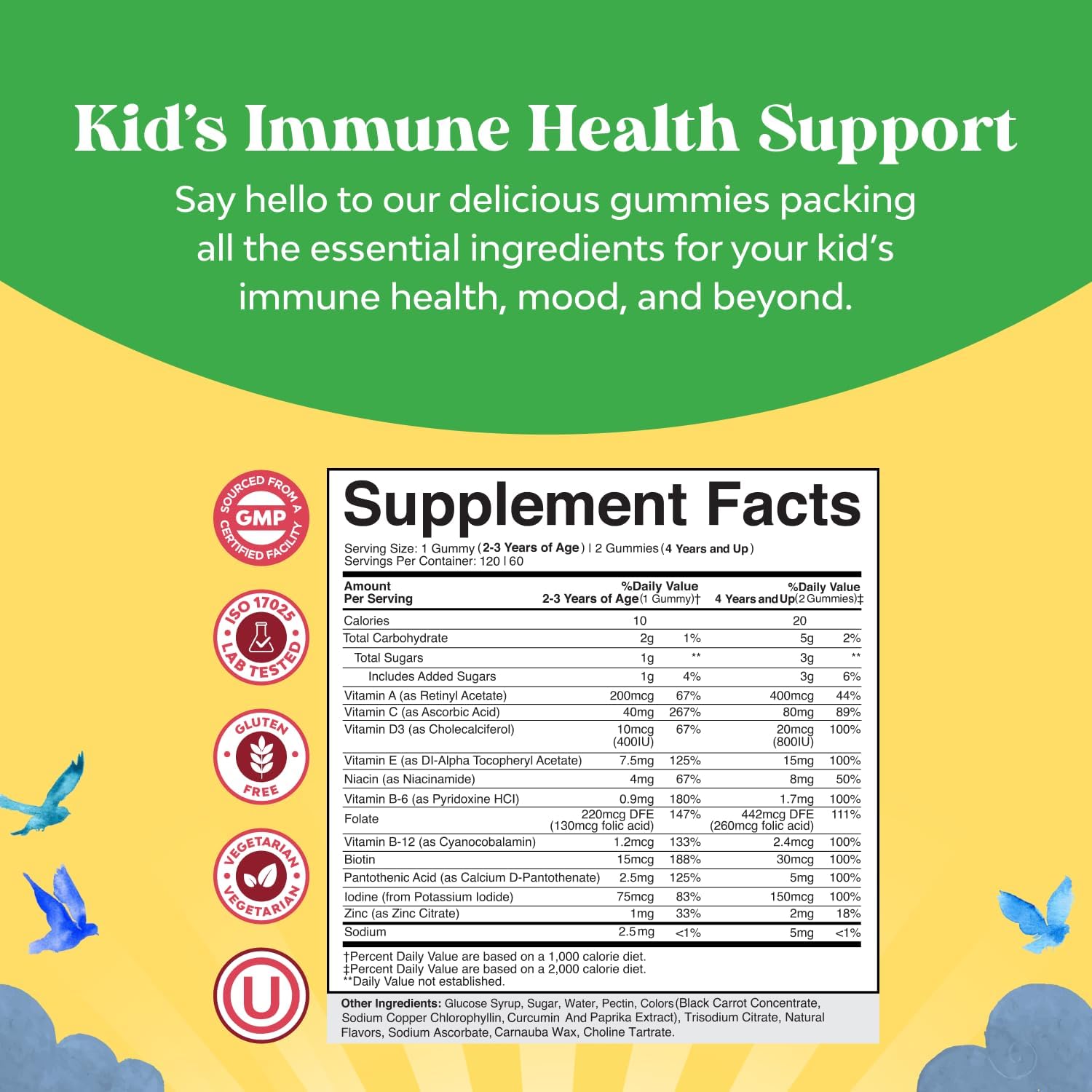 Plant Based Kids Multivitamin Gummies - Multivitamin for Kids Immunity Support Gummies with Vitamins A C D3 E B and Zinc Gelatin and Gluten Free Non-GMO Vitamins Gummy Formula 120ct