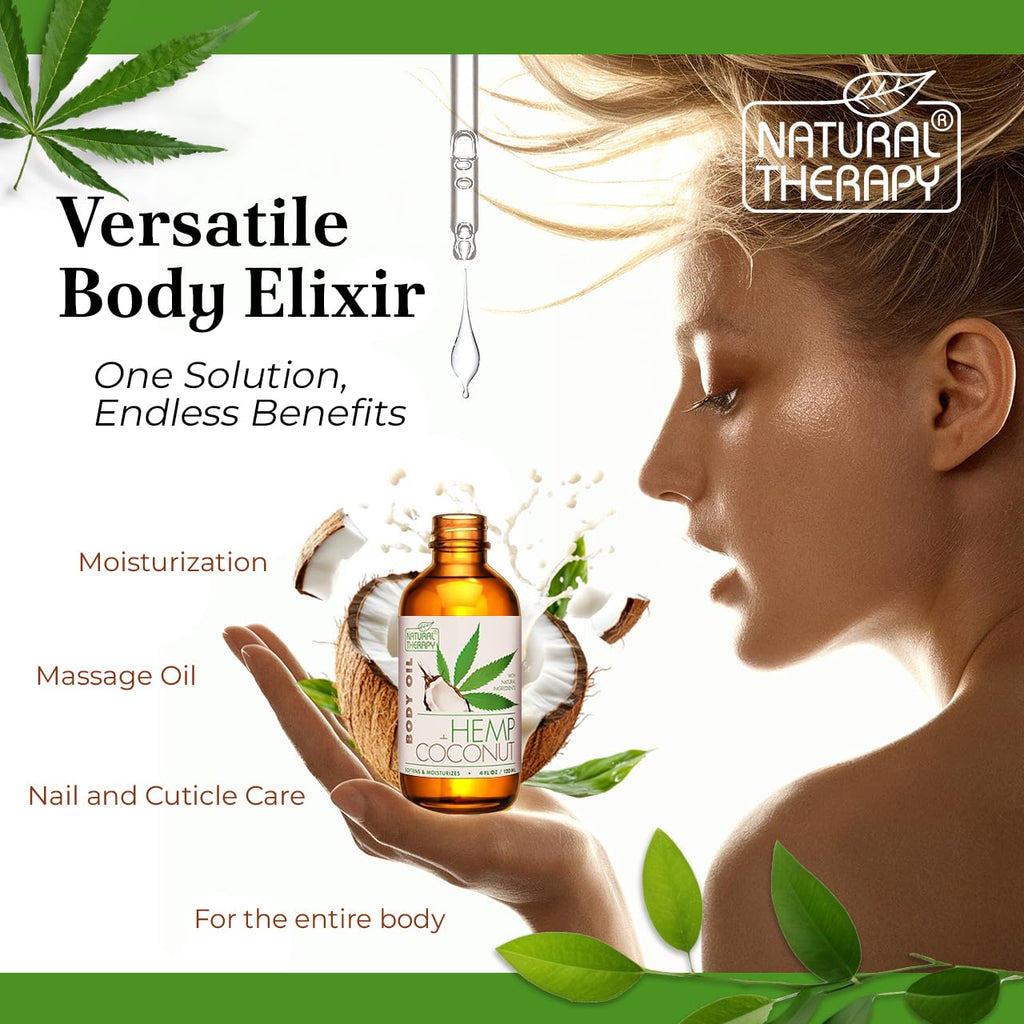 Natural Therapy Hemp & Coconut Body Oil – Moisturizing Body Oil – Hydrate & Soften Skin – Increase Skin Elasticity and Provide Anti-Aging Support (4 Fl.Oz)