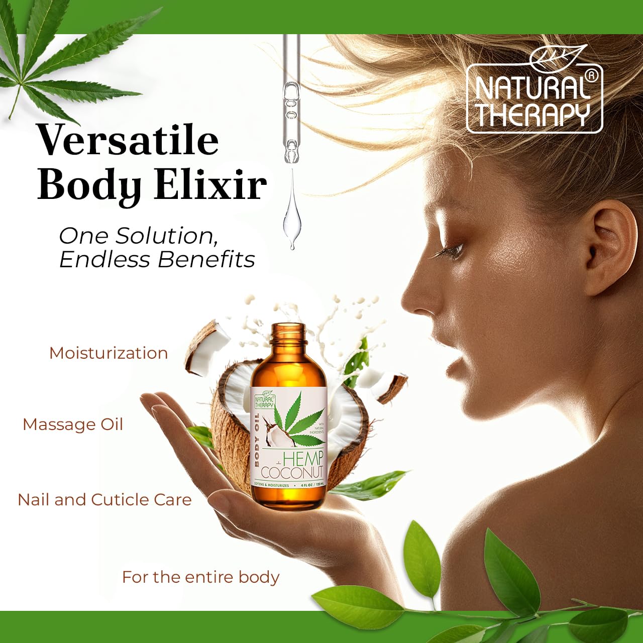 Natural Therapy Hemp & Coconut Body Oil – Moisturizing Body Oil – Hydrate & Soften Skin – Increase Skin Elasticity and Provide Anti-Aging Support (4 Fl.Oz)