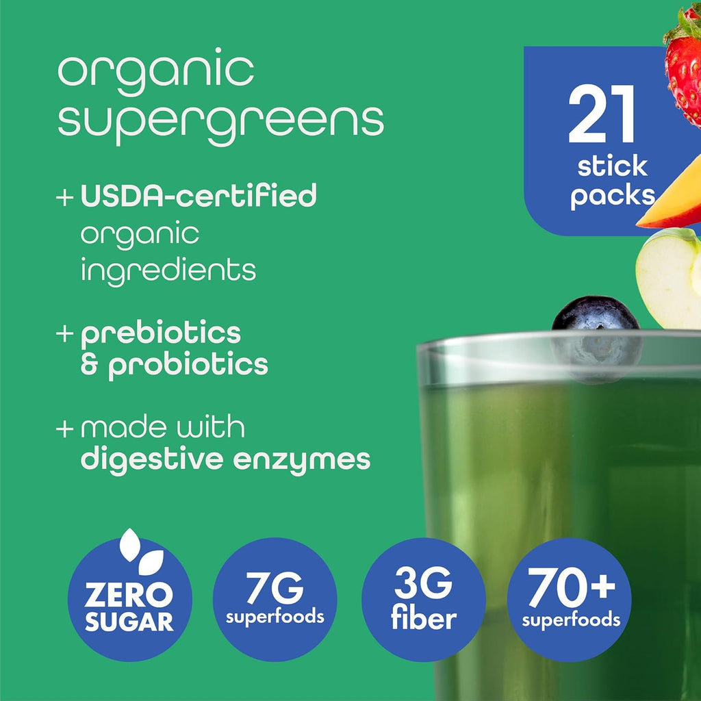 Zena Nutrition Organic Super Greens Powder Variety Pack, 70+ Superfoods, 0 Sugar, 3G Fiber, Spirulina, Chlorella, Antioxidants, Prebiotics/Probiotics, Digestive Enzymes, 21 Drink Mix Packets
