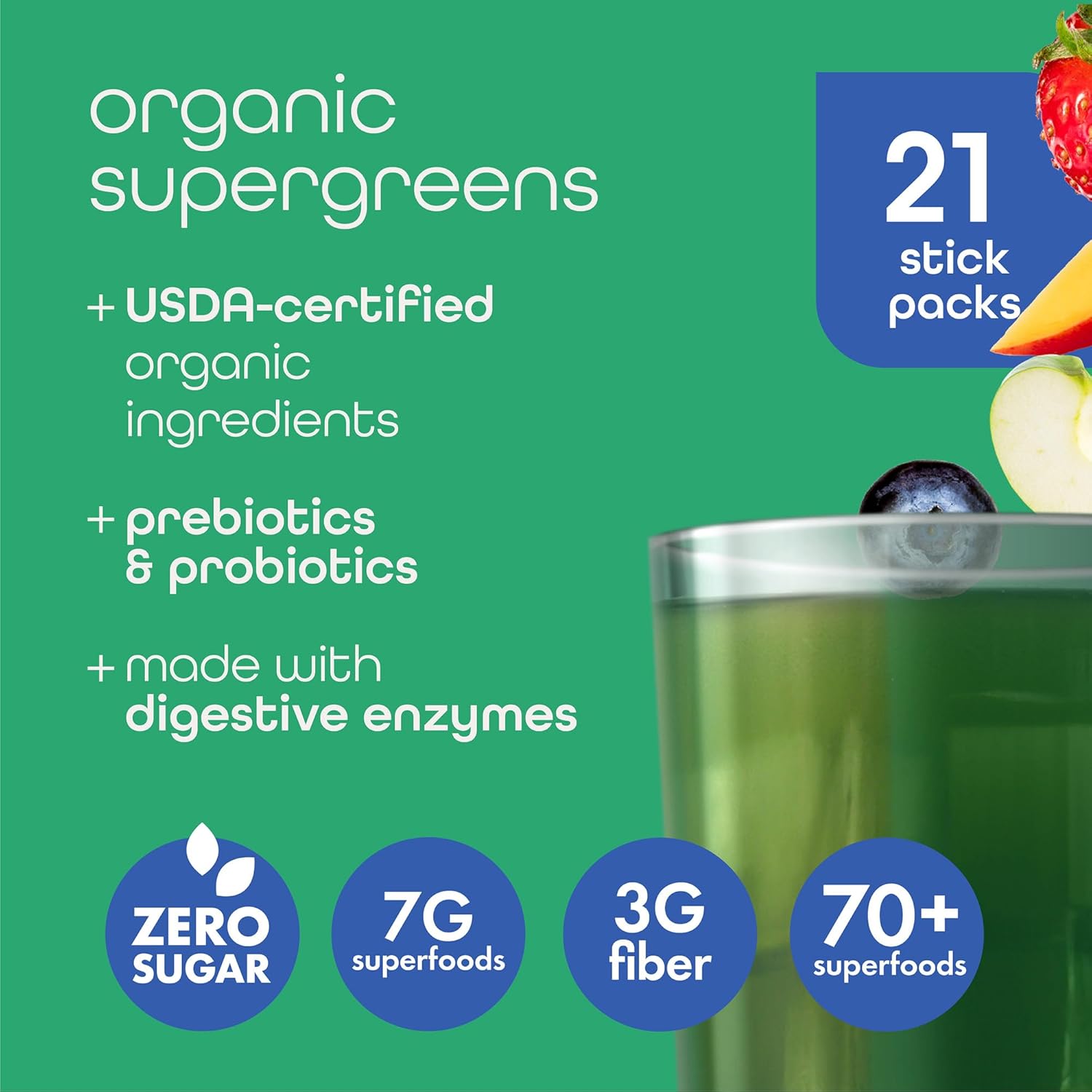 Zena Nutrition Organic Super Greens Powder Variety Pack, 70+ Superfoods, 0 Sugar, 3G Fiber, Spirulina, Chlorella, Antioxidants, Prebiotics/Probiotics, Digestive Enzymes, 21 Drink Mix Packets