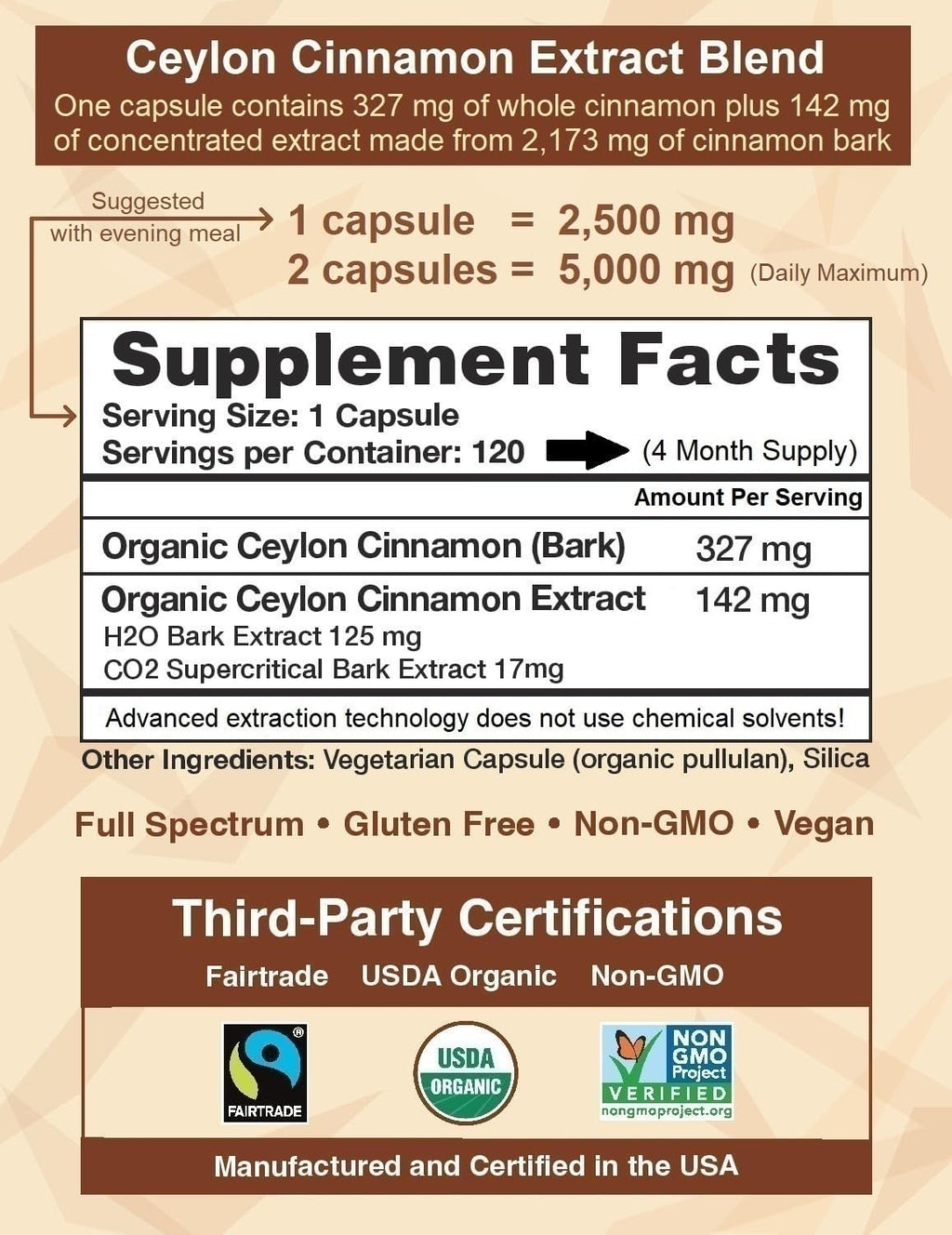 CinnaGuard™ Organic Ceylon Cinnamon Supplement 2500mg per Capsule | Extra Strength | 4 Month Supply | 120 Count - Non-GMO & Gluten Free Antioxidant