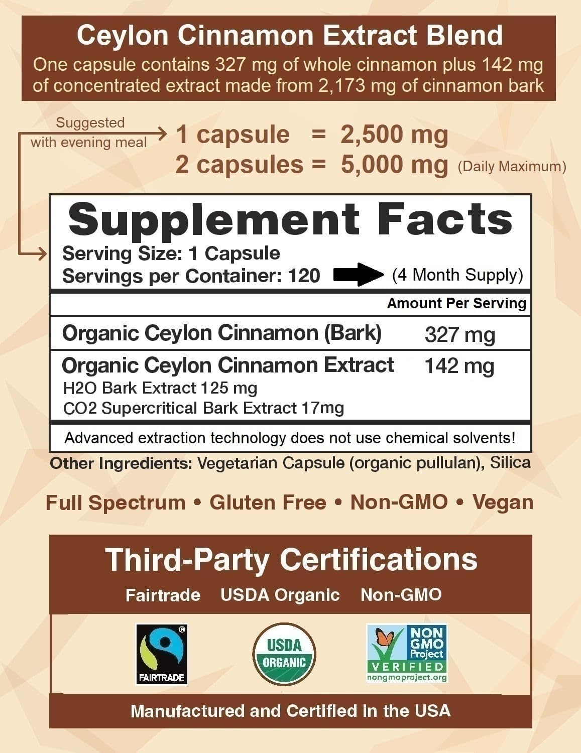 CinnaGuard™ Organic Ceylon Cinnamon Supplement 2500mg per Capsule | Extra Strength | 4 Month Supply | 120 Count - Non-GMO & Gluten Free Antioxidant