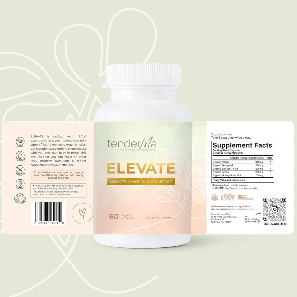 Elevate Lactation Supplement – Fenugreek, Moringa, Blessed Thistle, Fennel & Alfalfa – Herbal Breastfeeding Support Supplement – Vegan, Non-GMO, 60 Capsules