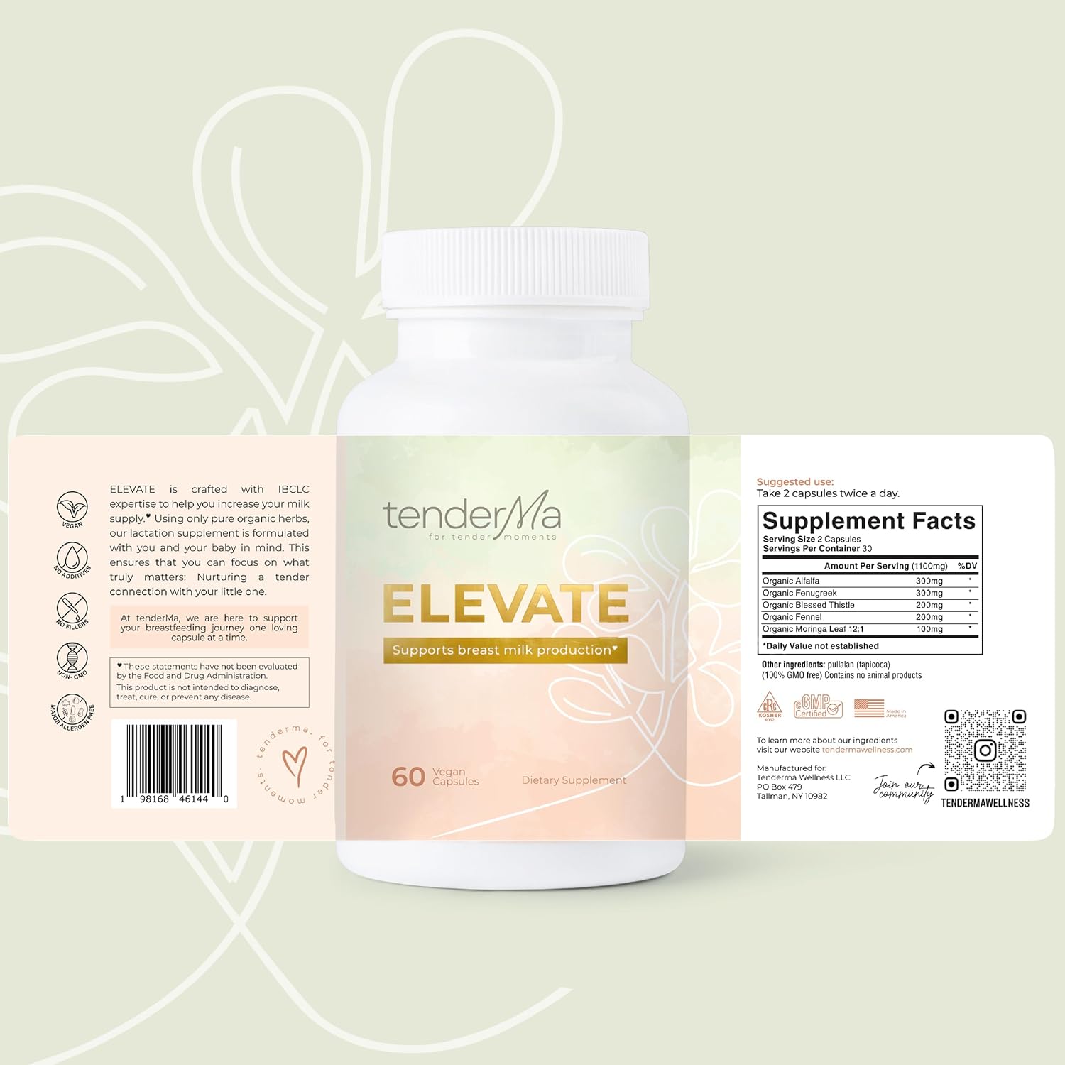 Elevate Lactation Supplement – Fenugreek, Moringa, Blessed Thistle, Fennel & Alfalfa – Herbal Breastfeeding Support Supplement – Vegan, Non-GMO, 60 Capsules