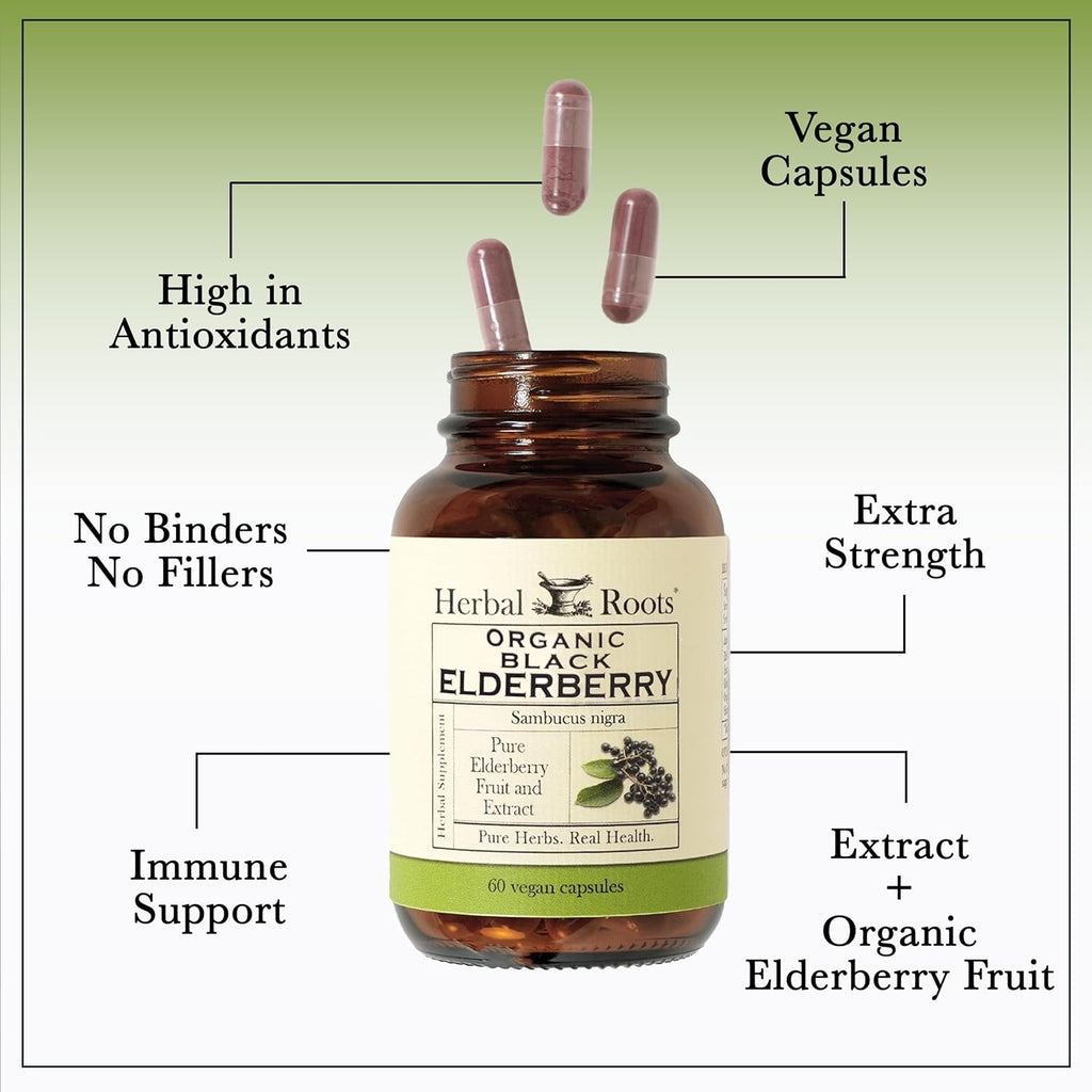 Herbal Roots Organic Black Elderberry Capsules | Max Strength | Made with Organic Sambucus | 60 Vegan Capsules