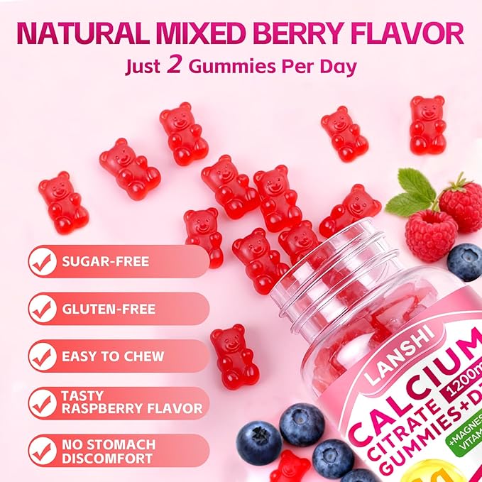Calcium Citrate Gummies 1200mg with Vitamin D3 & K2 Supplements for Women & Men, High Absorption Calcium Gummies Plus Magnesium, Zinc for Strong Bones & Immune Support Mixed Berry Flavor