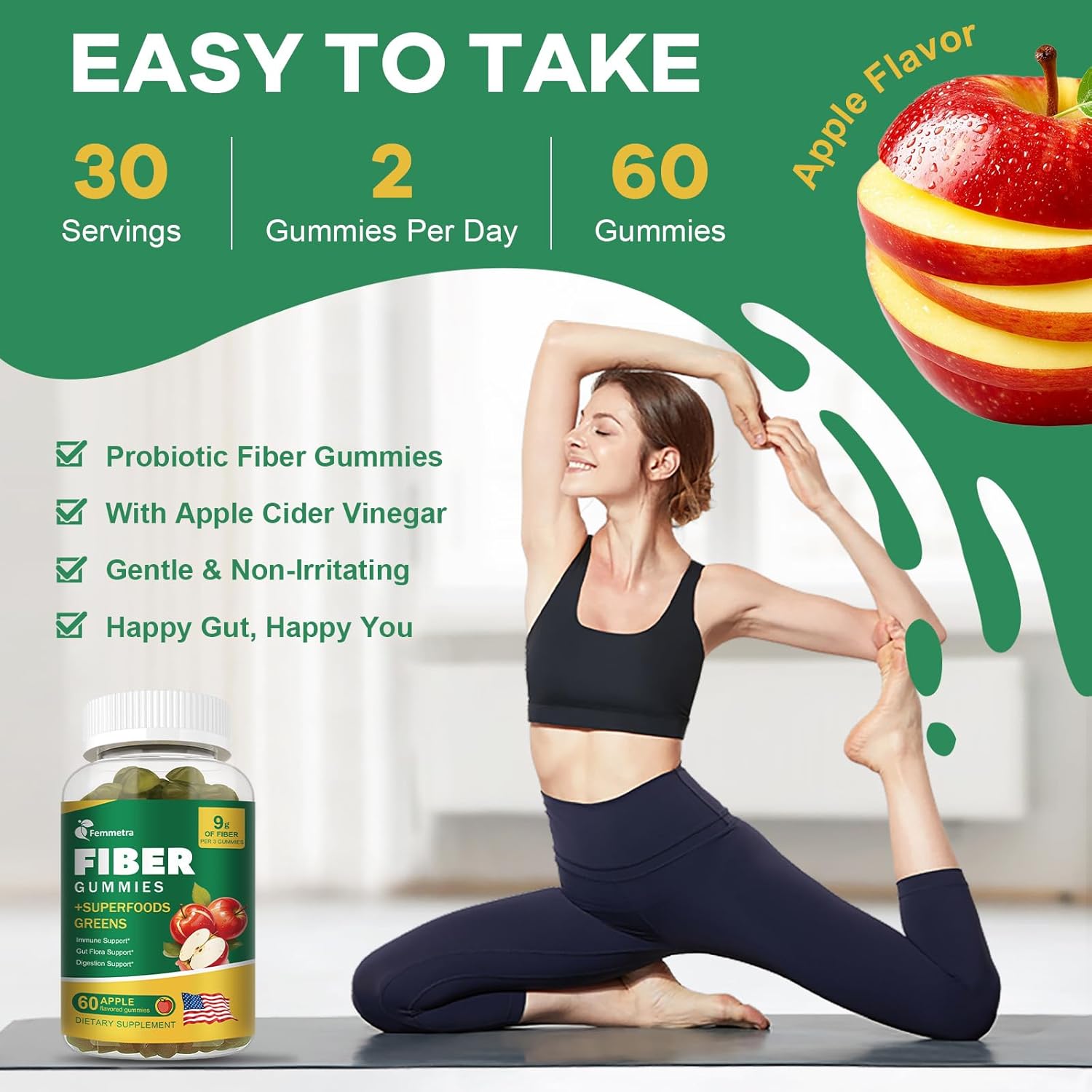 13-in-1 Fiber Gummies for Adults, Fiber Supplement for Digestive Health, Gut & Immunity, Prebiotic Fiber with Greens Blend & ACV - Non-GMO, Sugar Free – 60 Vegan Gummies, Apple Flavor