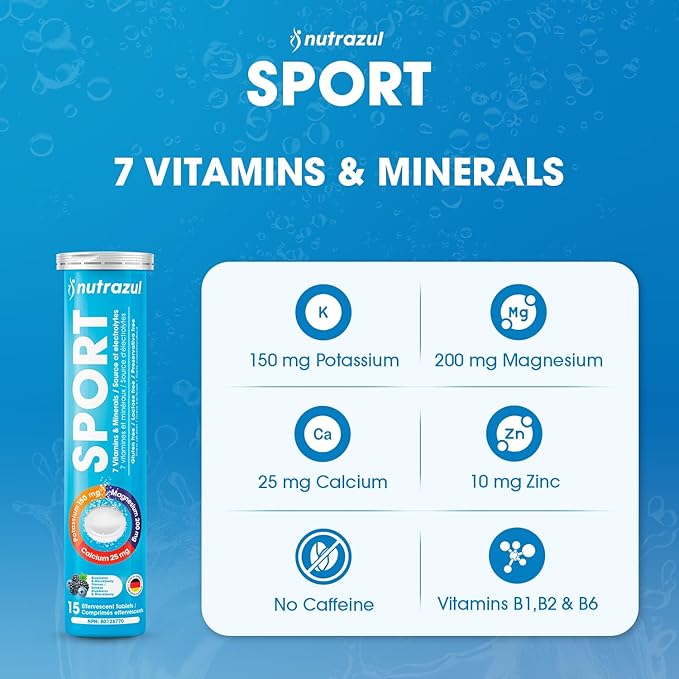 nutrazul Sports Effervescent Tablets, Electrolytes & 7 Vitamins & Minerals, Daily Hydration and Energy, Caffeine-Free, Blueberry & BlackBerry Flavor, 30 Count