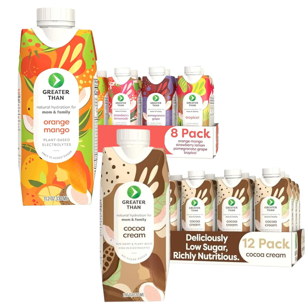 Greater Than Lactation Supplement Support, Coconut Water, Vitamins & Electrolyte Drink for Breastfeeding, Breast Milk & Immune Support, Variety Pack & Cocoa Cream (20 Pack)