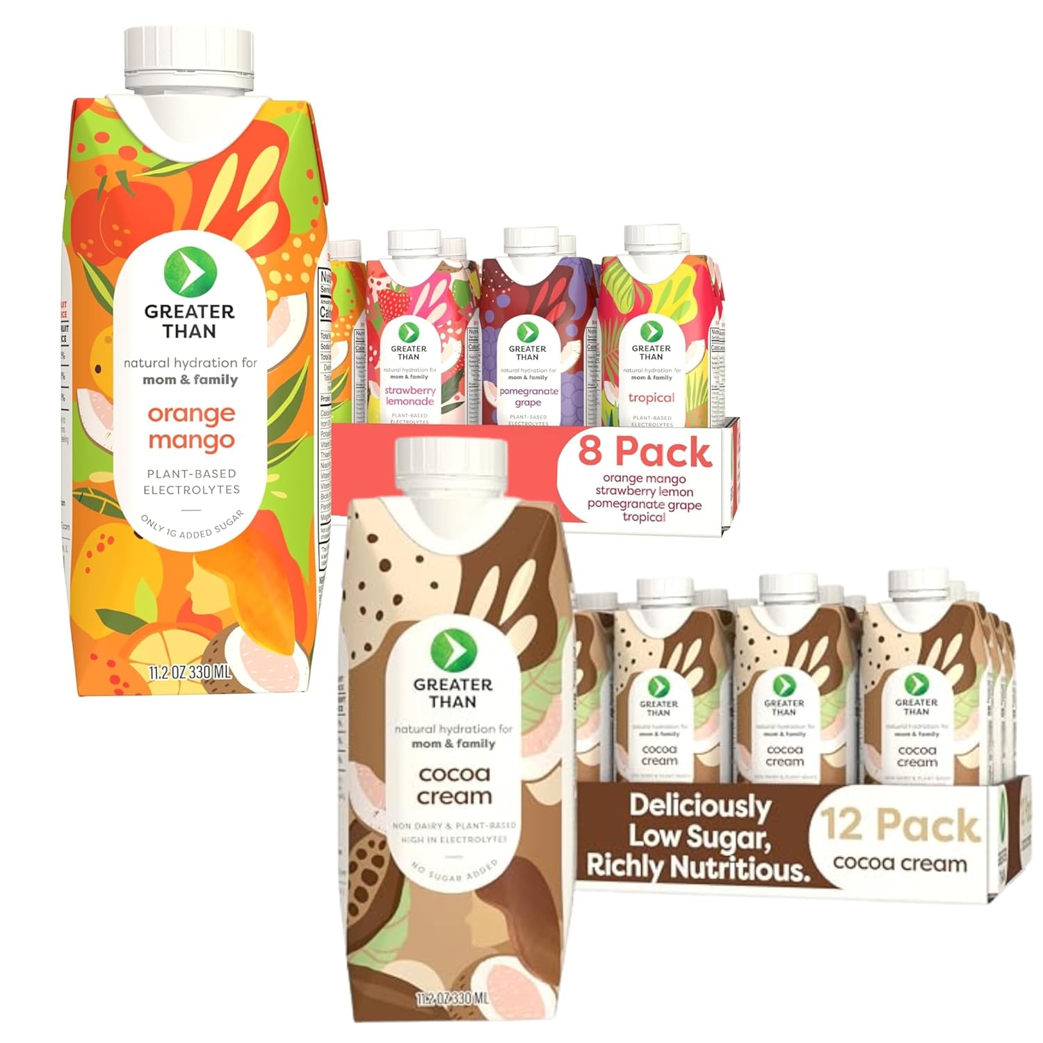 Greater Than Lactation Supplement Support, Coconut Water, Vitamins & Electrolyte Drink for Breastfeeding, Breast Milk & Immune Support, Variety Pack & Cocoa Cream (20 Pack)