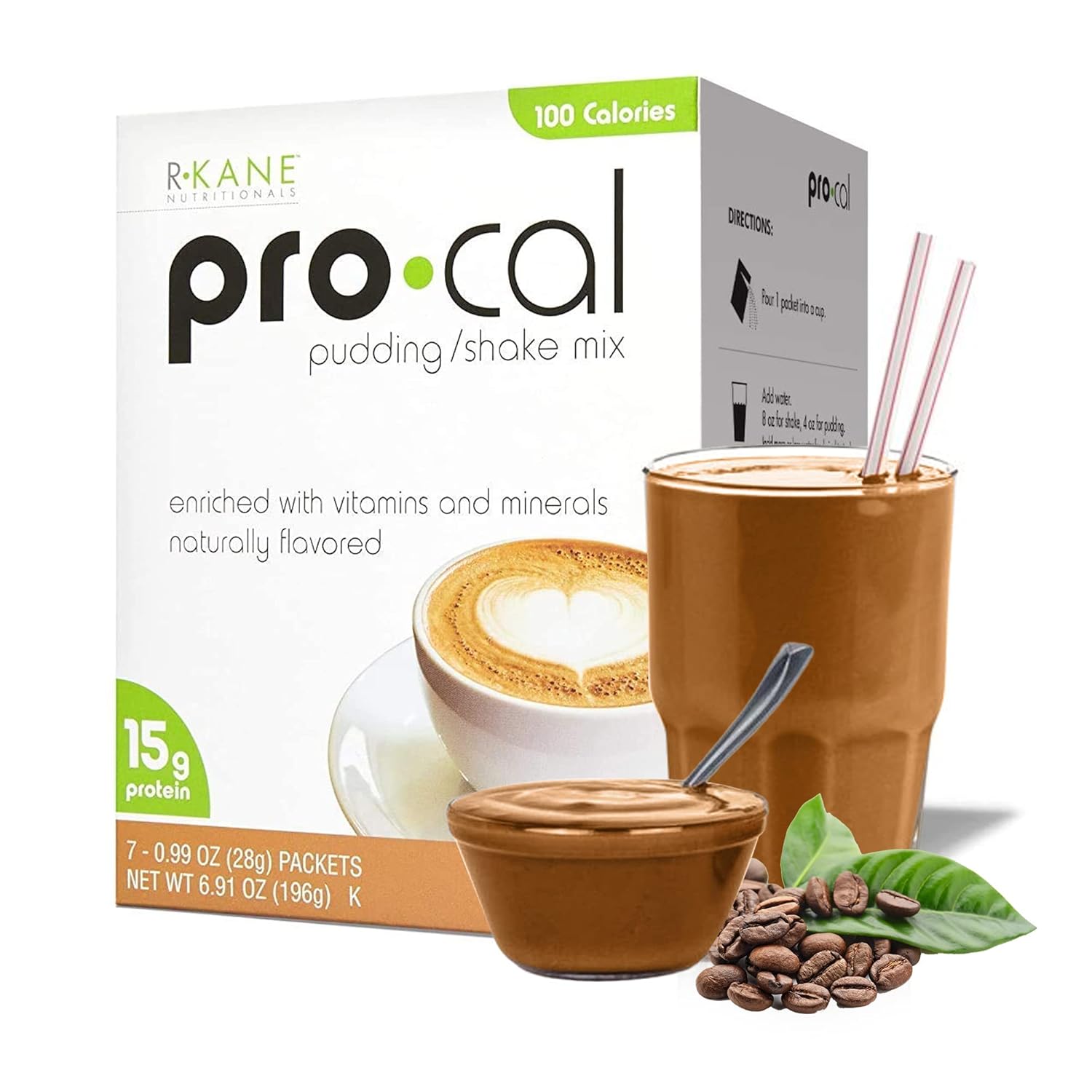R-Kane Nutritionals Pro-Cal Pudding/Shake Mix, Low Calorie Protein Shake Powder, Meal Replacement Shakes, Mocha-Flavored Boost Drink, 15g Protein, 7 Packets per Box