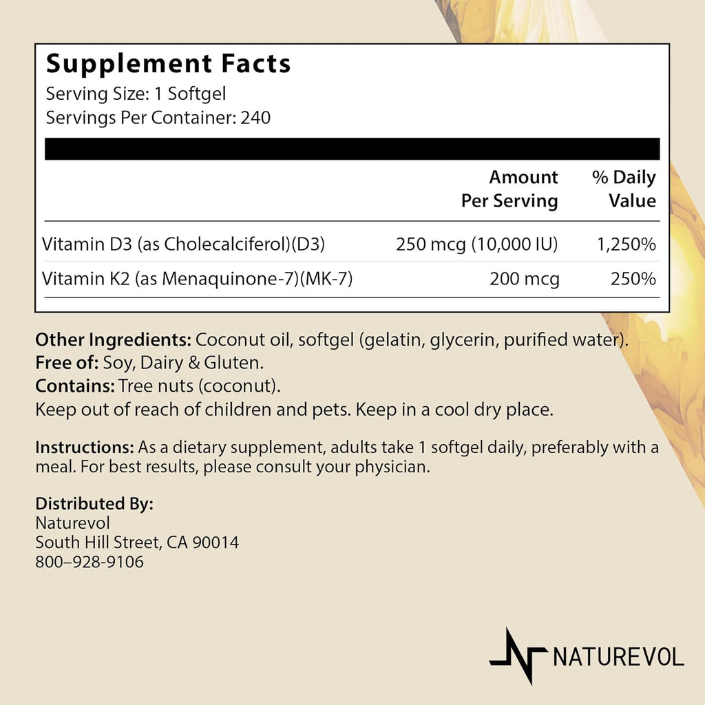 Vitamin D & K Complex with Coconut MCT Oil | D3 10000 IU Plus K2 (MK-7) 200 mcg for Healthy Muscle Function & Immune Support | Easy to Swallow | Soy & Gluten Free - Mini Softgels (240 Servings)
