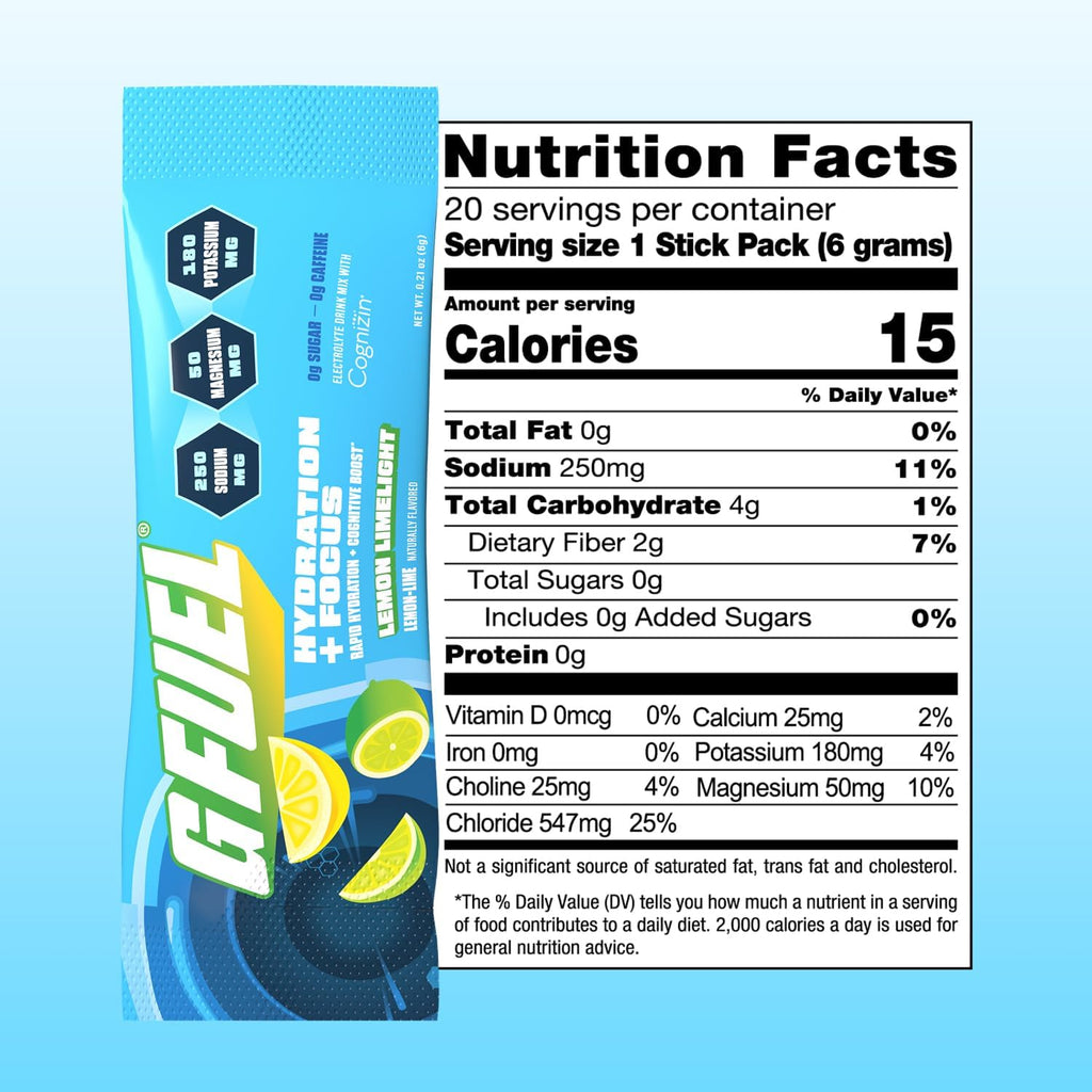 G Fuel Electrolytes Powder for Instant Hydration and Focus | Sugar Free, Lemon Lime Flavor, Electrolyte and Nootropic Drink Mix to Sharpen Mental Focus, 20 Servings