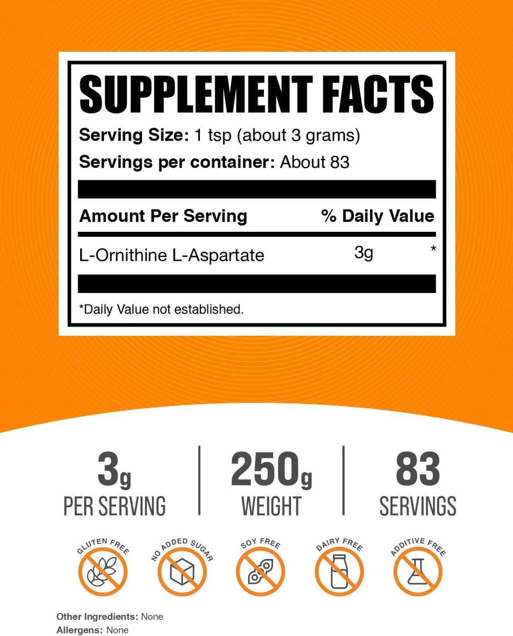 BulkSupplements.com L-Ornithine L-Aspartate Powder - Ornithine Supplement, Amino Acid Supplement - Gluten Free, 3g per Serving, 250g (8.8 oz) (Pack of 1)